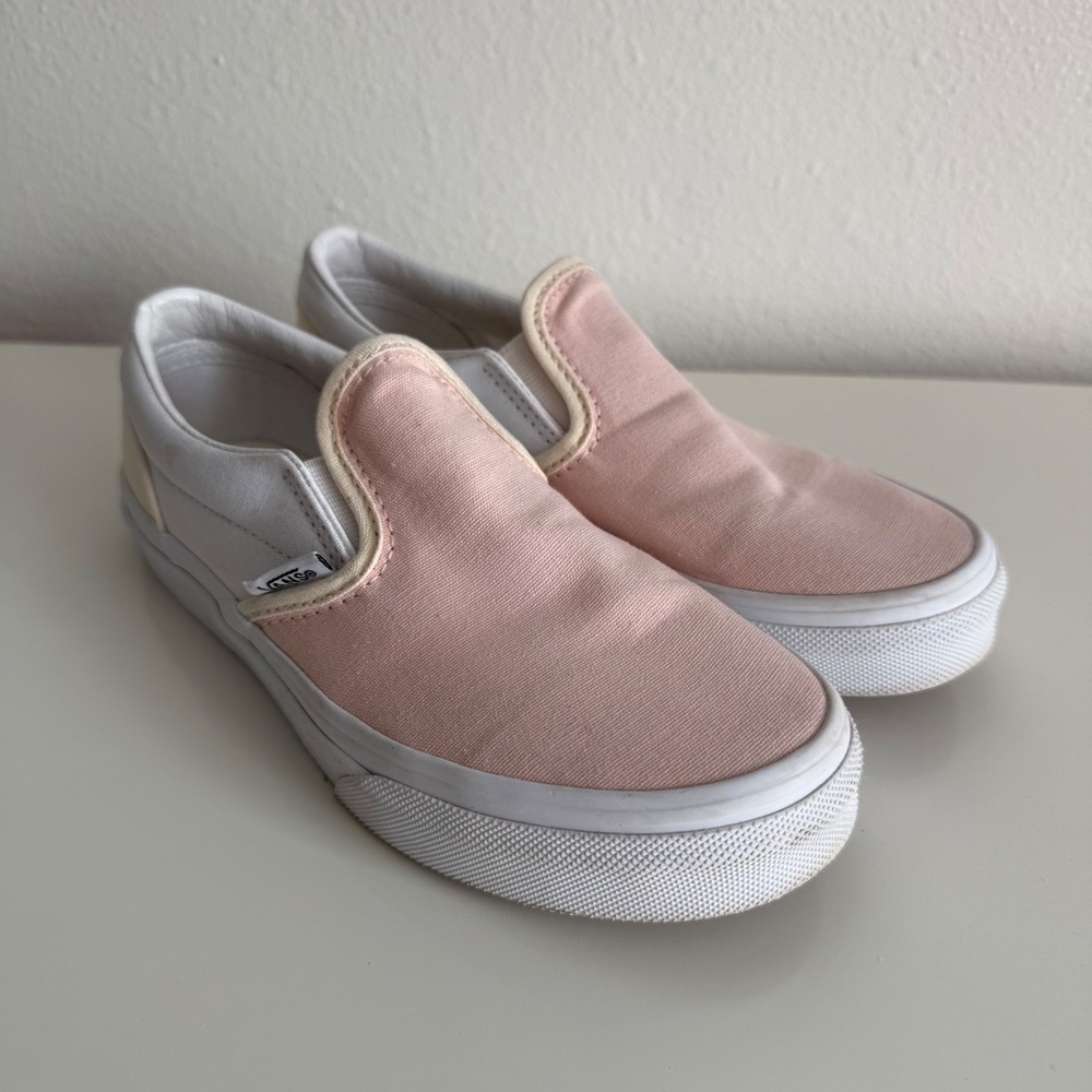 Vans Classic Slip-On Customs Pink White Cream Canvas Sneakers Kids 2.5 721356